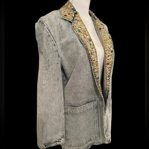 Vintage Bedazzled Acid Wash Jean Blazer - Size L - Picture 4 of 9